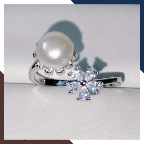 Nhẫn Ngọc Trai Thật Dáng Hở Freesize Hình Hoa Đính Đá Gate NNT35