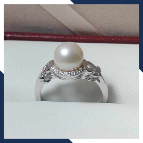 Nhẫn ngọc trai thật đơn giản bằng bạc ý xi bạch kim mẫu mới đẹp cho nữ mã K109TT89