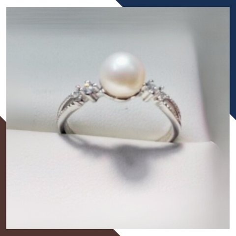 Nhẫn ngọc trai thật đơn giản, nhẫn bạc ý xi bạch kim đính ngọc trai nhỏ xinh mẫu mới đẹp cho nữ mã K98TT78