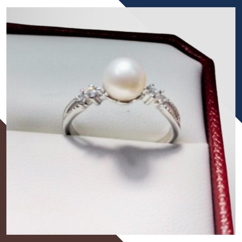 Nhẫn ngọc trai thật đơn giản, nhẫn bạc ý xi bạch kim đính ngọc trai nhỏ xinh mẫu mới đẹp cho nữ mã K98TT78