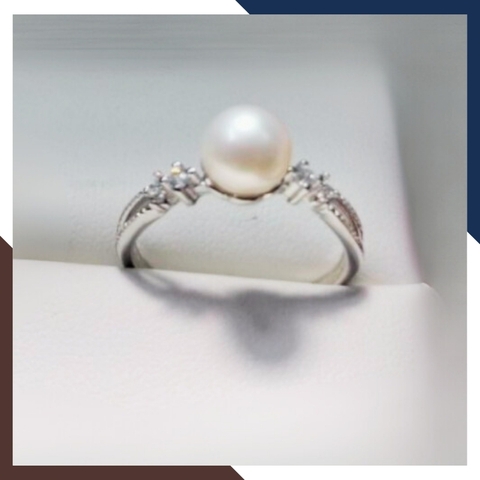 Nhẫn ngọc trai thật đơn giản, nhẫn bạc ý xi bạch kim đính ngọc trai nhỏ xinh mẫu mới đẹp cho nữ mã K98TT78