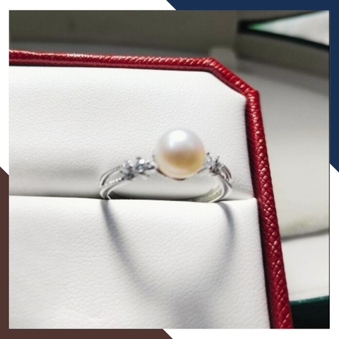 Nhẫn ngọc trai thật đơn giản, nhẫn bạc ý xi bạch kim đính ngọc trai nhỏ xinh mẫu mới đẹp cho nữ mã K98TT78