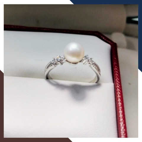 Nhẫn ngọc trai thật đơn giản, nhẫn bạc ý xi bạch kim đính ngọc trai nhỏ xinh mẫu mới đẹp cho nữ mã K98TT78