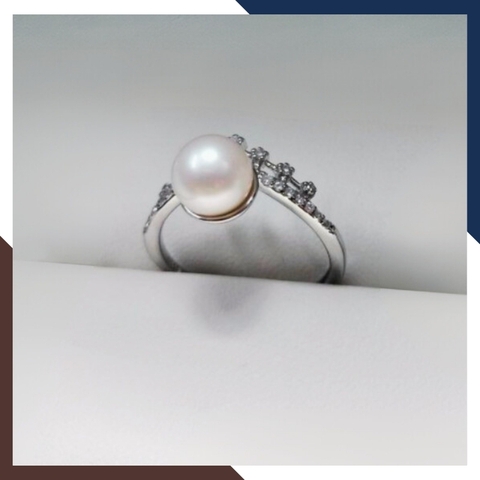 Nhẫn ngọc trai thật hình vương miện, nhẫn vương miện bạc ý xi bạch kim đính ngọc trai mẫu mới đẹp cho nữ mã K109TT89