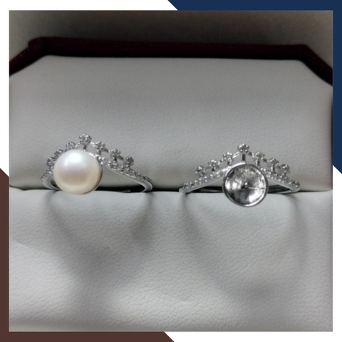 Nhẫn ngọc trai thật hình vương miện, nhẫn vương miện bạc ý xi bạch kim đính ngọc trai mẫu mới đẹp cho nữ mã K109TT89