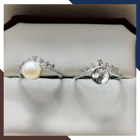 Nhẫn ngọc trai thật hình vương miện, nhẫn vương miện bạc ý xi bạch kim đính ngọc trai mẫu mới đẹp cho nữ mã K109TT89