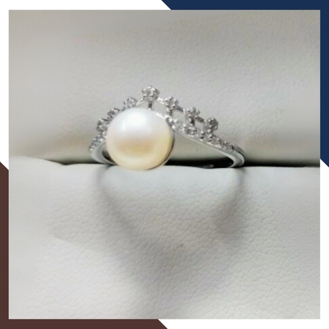 Nhẫn ngọc trai thật hình vương miện, nhẫn vương miện bạc ý xi bạch kim đính ngọc trai mẫu mới đẹp cho nữ mã K109TT89