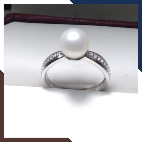 Nhẫn ngọc trai thật, nhẫn bạc ý xi bạch kim đính ngọc trai đơn giản đẹp cho nữ mã K129TT89