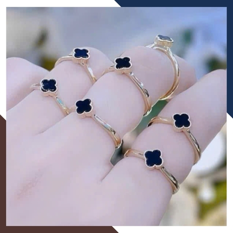 Nhẫn Vàng Cỏ 4 Lá Đen, Đỏ, Trắng, Xanh Theo Mệnh Hút Tài Lộc NVN232 | Vàng Tây 10k