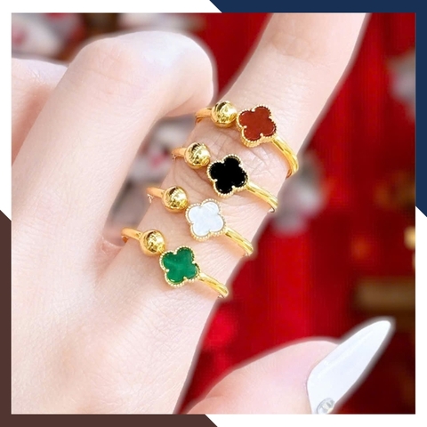 Nhẫn Vàng Cỏ 4 Lá Đen, Đỏ, Trắng, Xanh Theo Mệnh Hút Tài Lộc NVN232 | Vàng Tây 10k