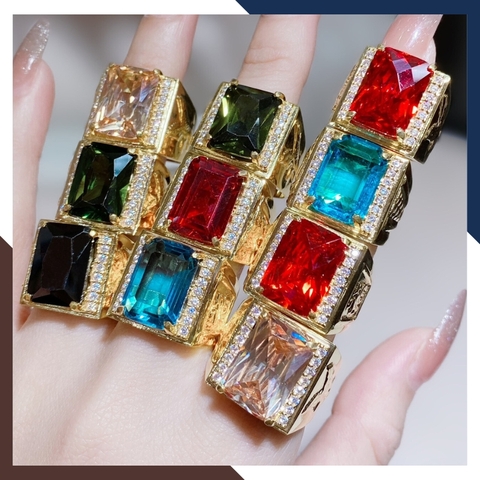 Nhẫn vàng nam đẹp, nhẫn nam 1 chỉ vàng tây 10k mặt vuông đính đá xanh đỏ đen trắng mã TL120