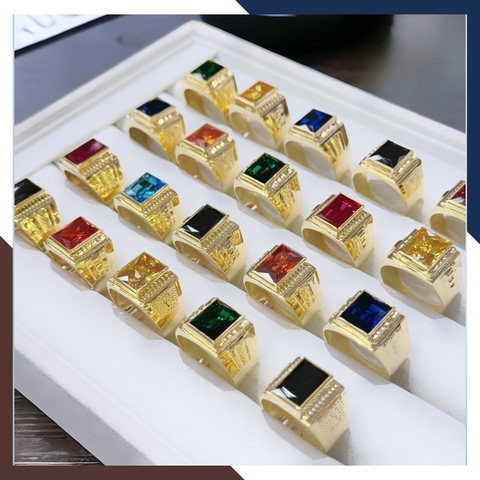 Nhẫn vàng nam 1 chỉ  đẹp, nhẫn nam vàng tây 10k mặt vuông đính hột đá xanh đỏ đen vàng mã TL164