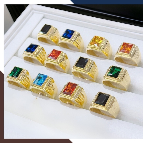 Nhẫn vàng nam 1 chỉ  đẹp, nhẫn nam vàng tây 10k mặt vuông đính hột đá xanh đỏ đen vàng mã TL164