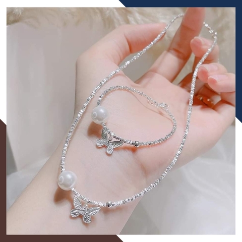 Set dây chuyền và lắc tay bạc vụn mặt ngọc trai mix charm bướm cho nữ đẹp mã C270T200