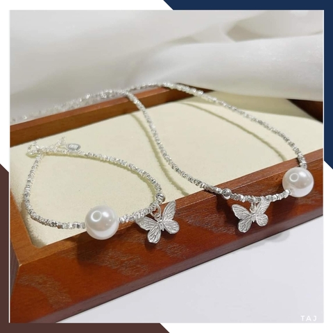 Set dây chuyền và lắc tay bạc vụn mặt ngọc trai mix charm bướm cho nữ đẹp mã C270T200