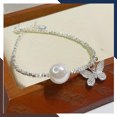 Set dây chuyền và lắc tay bạc vụn mặt ngọc trai mix charm bướm cho nữ đẹp mã C270T200