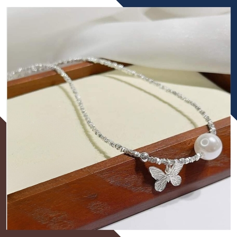 Set dây chuyền và lắc tay bạc vụn mặt ngọc trai mix charm bướm cho nữ đẹp mã C270T200