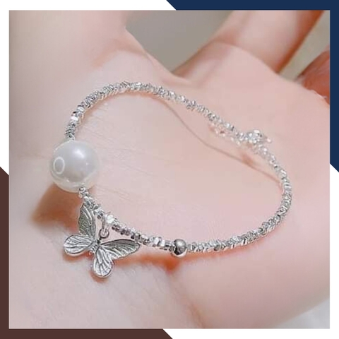 Set dây chuyền và lắc tay bạc vụn mặt ngọc trai mix charm bướm cho nữ đẹp mã C270T200