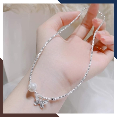 Set dây chuyền và lắc tay bạc vụn mặt ngọc trai mix charm bướm cho nữ đẹp mã C270T200