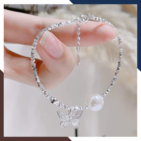 Set dây chuyền và lắc tay bạc vụn mặt ngọc trai mix charm bướm cho nữ đẹp mã C270T200