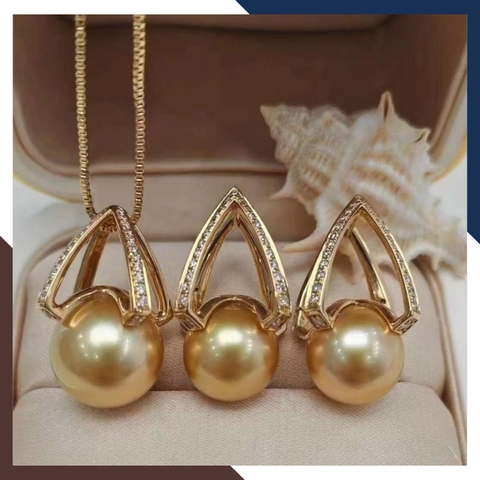 Set ngọc trai gồm nhẫn bông tai và mặt dây chuyền bằng vàng tây 10k cho nữ đẹp mã 81013T11