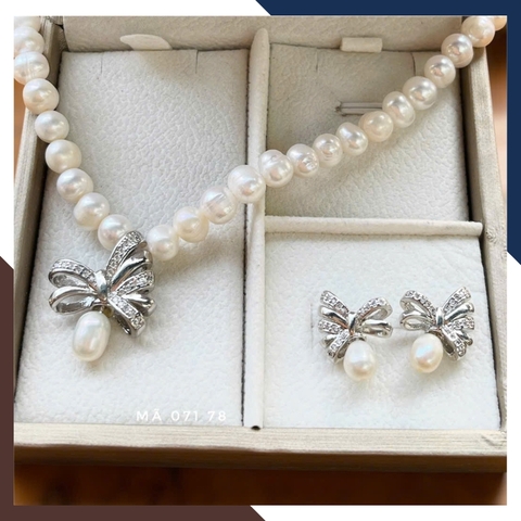 Set Ngọc Trai Thật Gồm Vòng Cổ Và Bông Tai Nơ Bạc Xi Bạch Kim BTSNT97