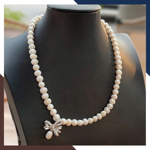 Set Ngọc Trai Thật Gồm Vòng Cổ Và Bông Tai Nơ Bạc Xi Bạch Kim BTSNT97