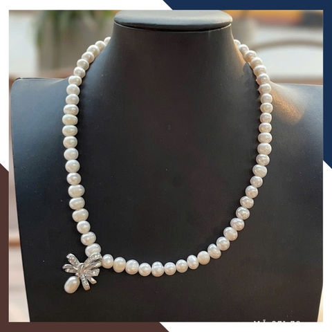 Set Ngọc Trai Thật Gồm Vòng Cổ Và Bông Tai Nơ Bạc Xi Bạch Kim BTSNT97