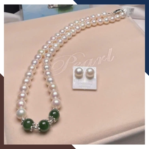 Bộ vòng cổ và bông tai ngọc trai cao cấp phối ngọc bích cho mẹ, phụ nữ trung niên, người lớn tuổi mã 89T370