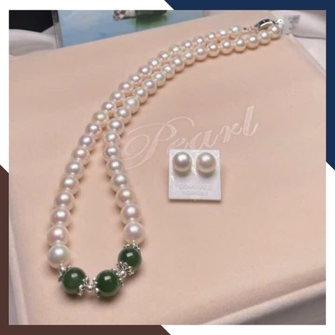 Bộ vòng cổ và bông tai ngọc trai cao cấp phối ngọc bích cho mẹ, phụ nữ trung niên, người lớn tuổi mã 89T370