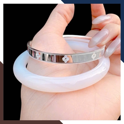 Set 2 Vòng Tay LTBN96 -  Vòng Tay Bạc Kết Hợp Vòng Đá Mắt Mèo Sang Chảnh Cho Nữ