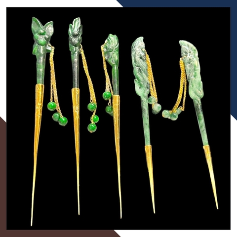 Trâm cài tóc cổ trang bằng ngọc cẩm thạch phối bạc ta nguyên chất mạ vàng 24k mã AC1350