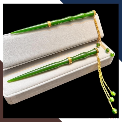 Trâm cài tóc cổ trang bằng ngọc cẩm thạch phối bạc ta nguyên chất mạ vàng 24k mã AC1350