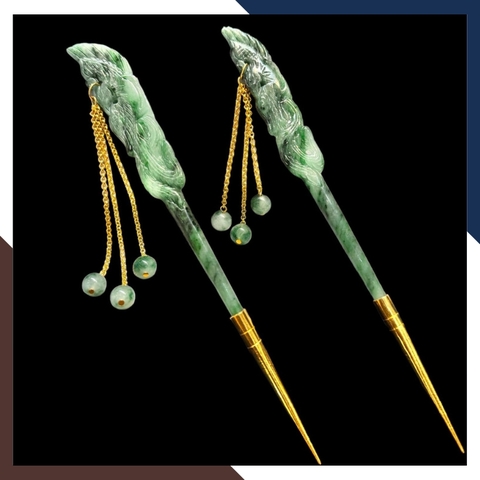 Trâm cài tóc cổ trang bằng ngọc cẩm thạch phối bạc ta nguyên chất mạ vàng 24k mã AC1350