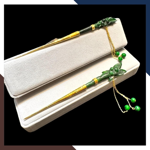 Trâm cài tóc cổ trang bằng ngọc cẩm thạch phối bạc ta nguyên chất mạ vàng 24k mã AC1350