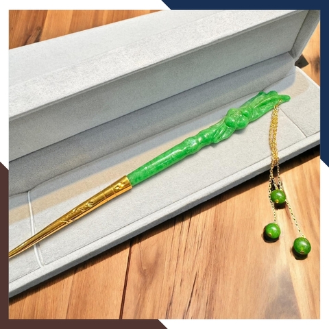 Trâm cài tóc cổ trang bằng ngọc cẩm thạch phối bạc ta nguyên chất mạ vàng 24k mã AC1350