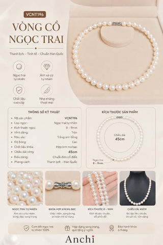 Vòng Cổ Ngọc Trai VCNT196 – Chuỗi Ngọc Trai Trơn 8–9mm Thanh Lịch, Sang Trọng Và Bền Đẹp Theo Thời Gian