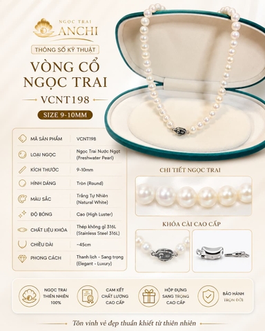 Vòng Cổ Ngọc Trai VCNT198 – Chuỗi Ngọc Trai Trắng 9–10mm Cao Cấp Classic Pearl Strand