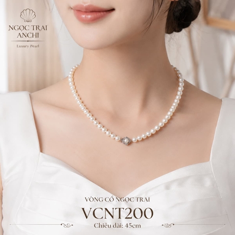 Vòng Cổ Ngọc Trai VCNT200 – Ngọc Trai Trắng Tự Nhiên Khóa Hoa Nữ Tính