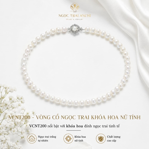 Vòng Cổ Ngọc Trai VCNT200 – Ngọc Trai Trắng Tự Nhiên Khóa Hoa Nữ Tính