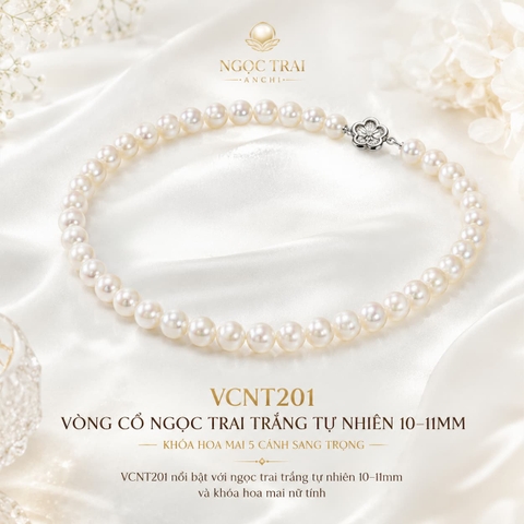 Vòng Cổ Ngọc Trai VCNT201 – Ngọc Trai Trắng Tự Nhiên 10–11mm Khóa Hoa Mai Sang Trọng