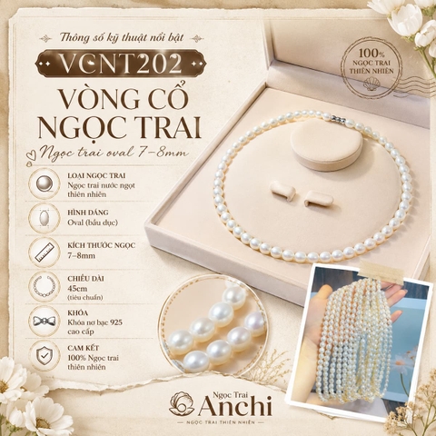 Vòng Cổ Ngọc Trai VCNT202 – Ngọc Trai Oval Tự Nhiên 7–8mm Thanh Lịch, Dễ Đeo Hằng Ngày