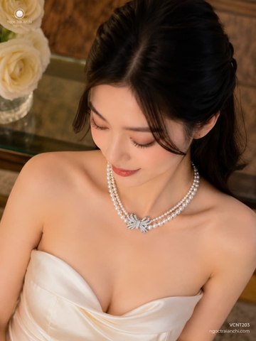 Vòng Cổ Choker Ngọc Trai Đôi VCNT203 – Choker Ngọc Trai Hai Tầng Khóa Nơ Nữ Tính Hiện Đại