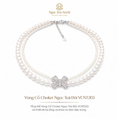Vòng Cổ Choker Ngọc Trai Đôi VCNT203 – Choker Ngọc Trai Hai Tầng Khóa Nơ Nữ Tính Hiện Đại