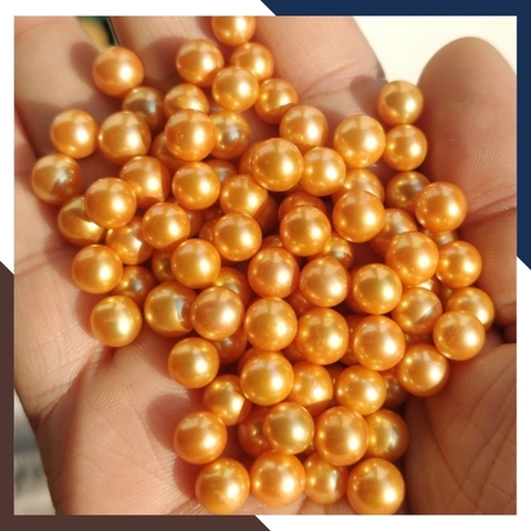 Viên ngọc trai thật màu vàng nuôi nước ngọt tự nhiên 7mm - 8mm tròn xoe, độ bóng 5A không vết sinh trưởng.