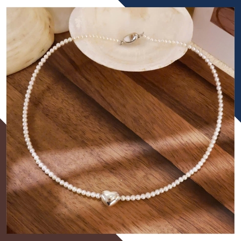 Vòng Cổ Choker Ngọc Trai Nhỏ Mặt Trái Tim Bạc VCNT146 – Tôn Vinh Nét Đẹp Nhẹ Nhàng & Nữ Tính