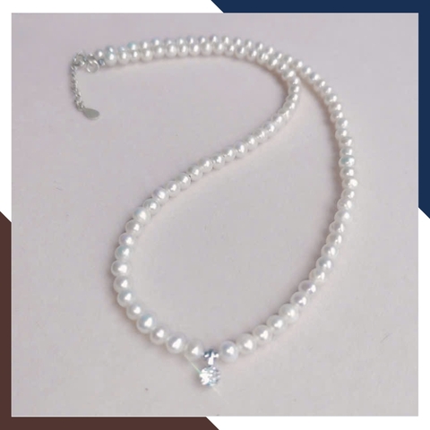 Vòng Cổ Choker Ngọc Trai Nhỏ Phối Mặt Bạc Đính Đá VCNT118 | Ngọc Trai Nước Ngọt