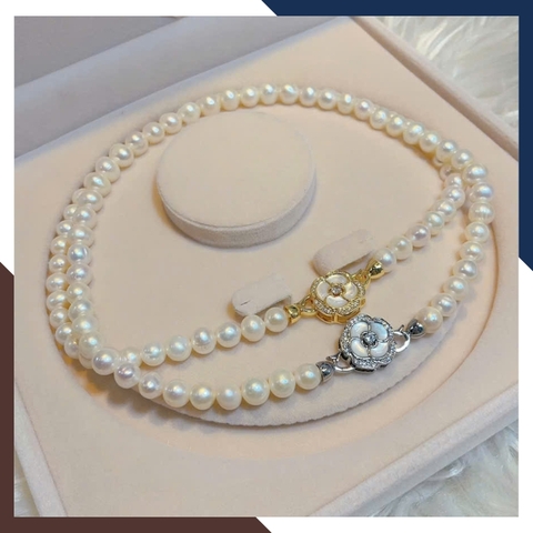 Vòng cổ choker ngọc trai thật 8–9mm VCNT178 – Khoá hình hoa nổi bật & nữ tính