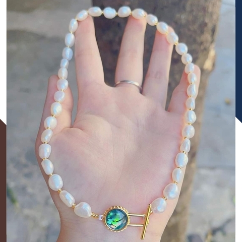 Vòng cổ choker ngọc trai thô dị mix đá xanh thời trang cho nữ 78K55T220