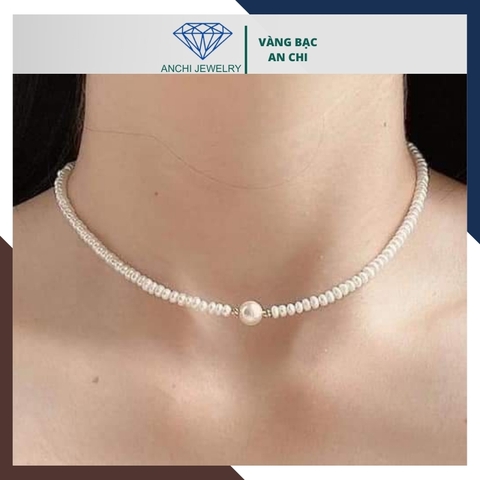 Vòng ngọc trai vàng 18k có mặt, vòng cổ ngọc trai nhỏ mặc áo dài cho nữ mã 56AC750